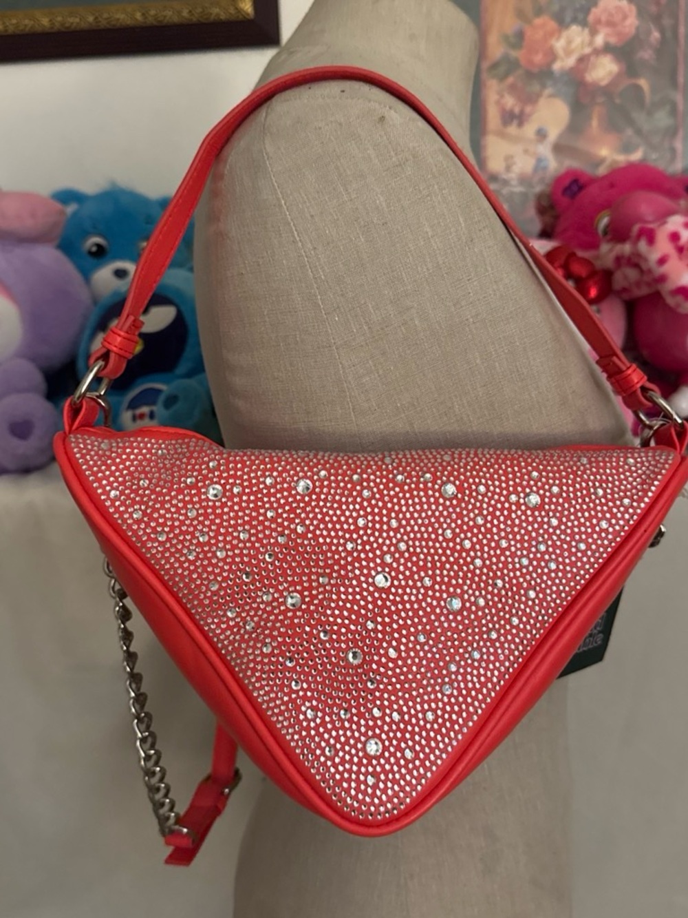 Red triangle shaped bag with rhinestones
